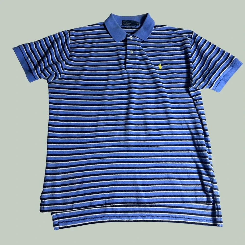 Polo Ralph Lauren Mens Blue Striped Cotton Short Sleeve Polo Shirt Medium